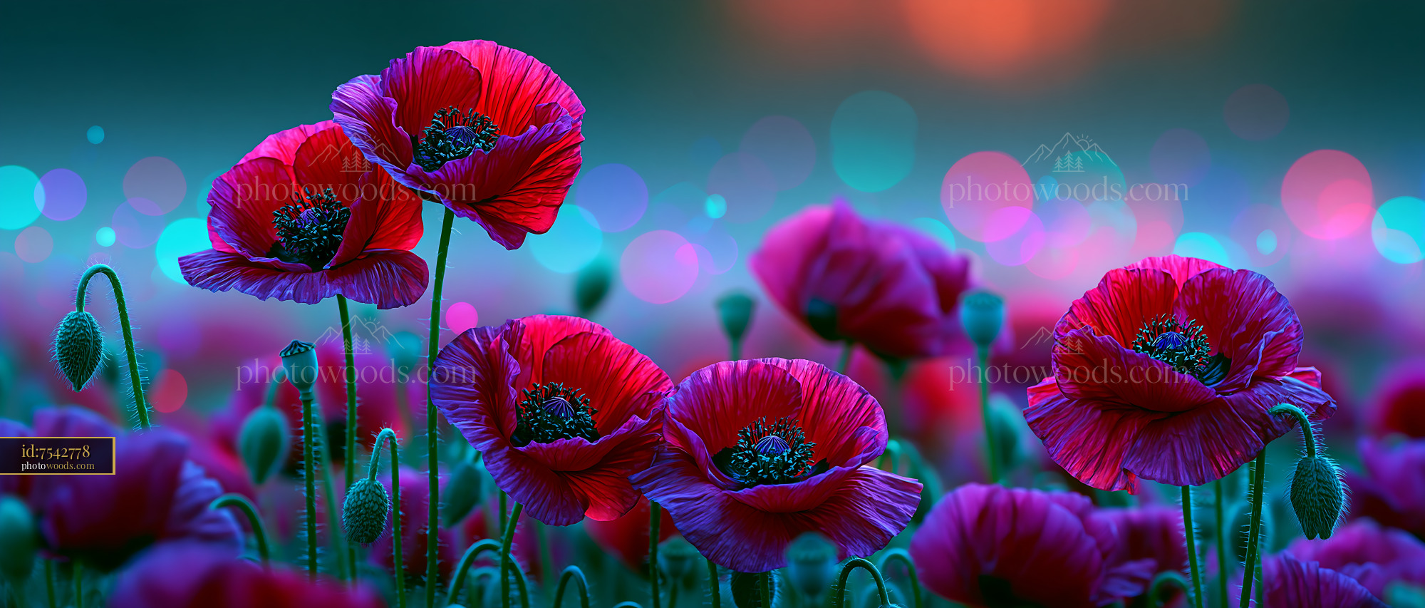 Red Poppies Bloom Under Evening Light in a Colorful Field