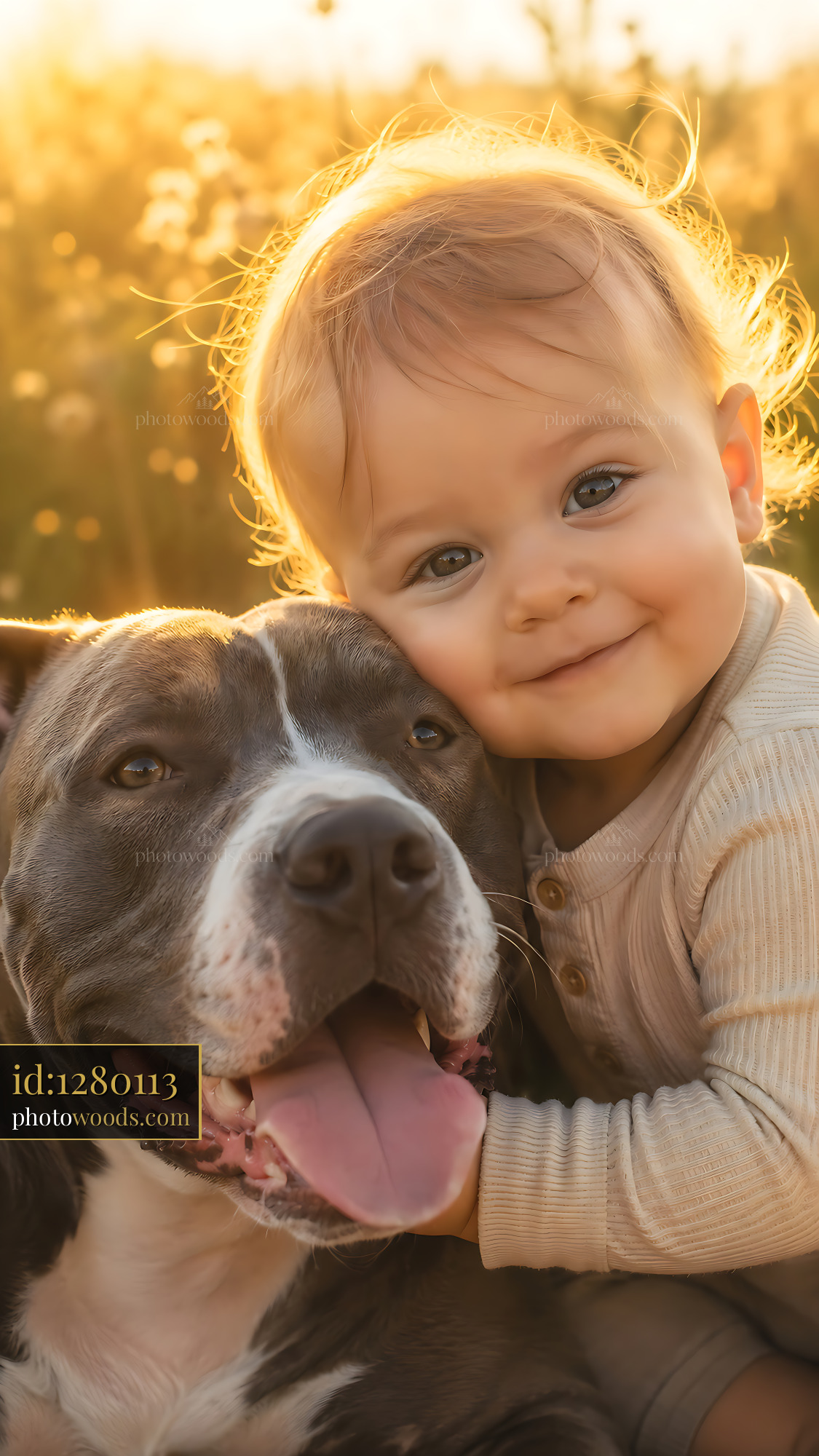 Child Hugs Dog in a Field During a Sunny Afternoon