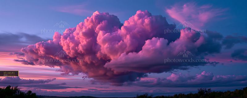 Dramatic pink cumulonimbus clouds at sunset