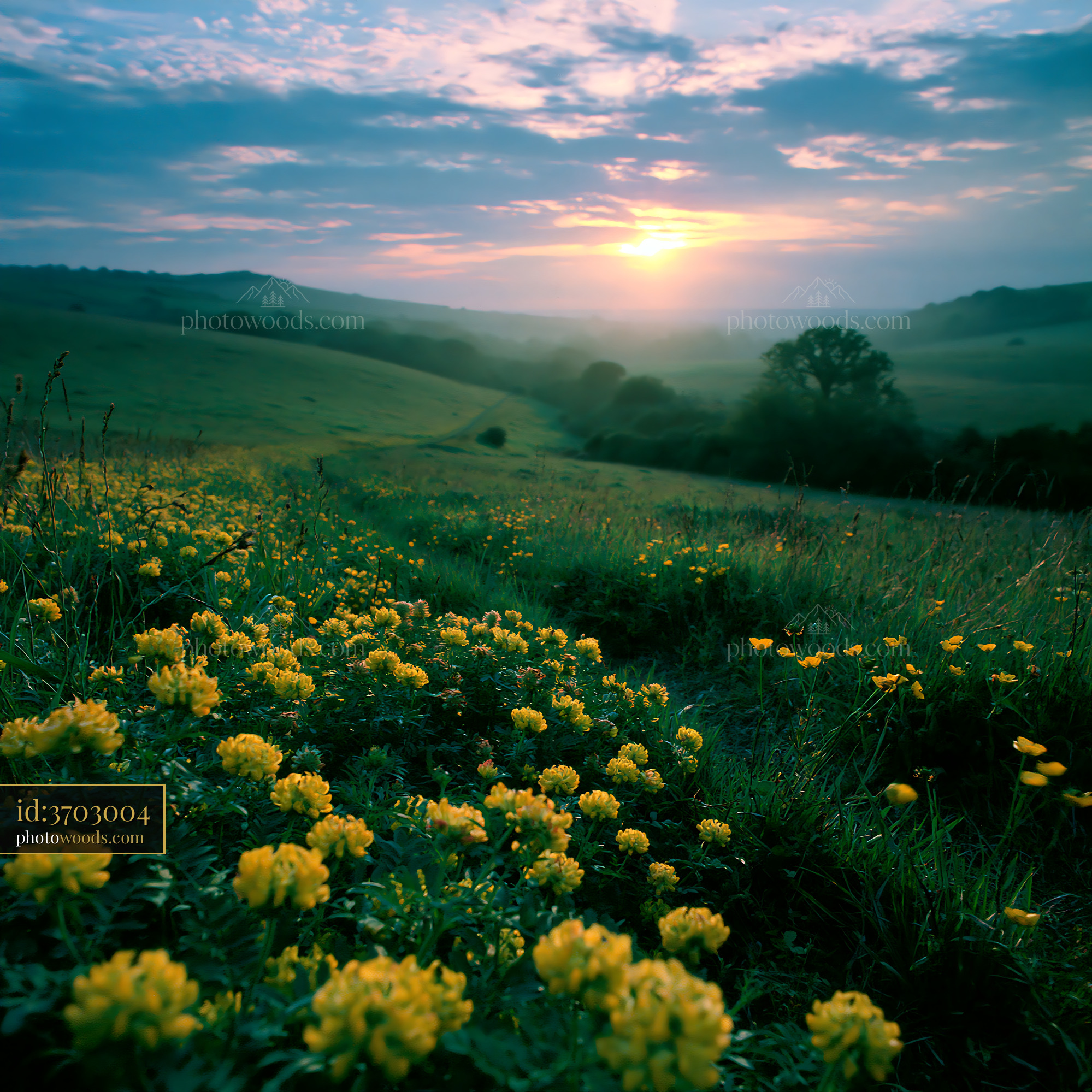 Yellow Rattle Blooming in an Alpine Meadow During Golden Hour