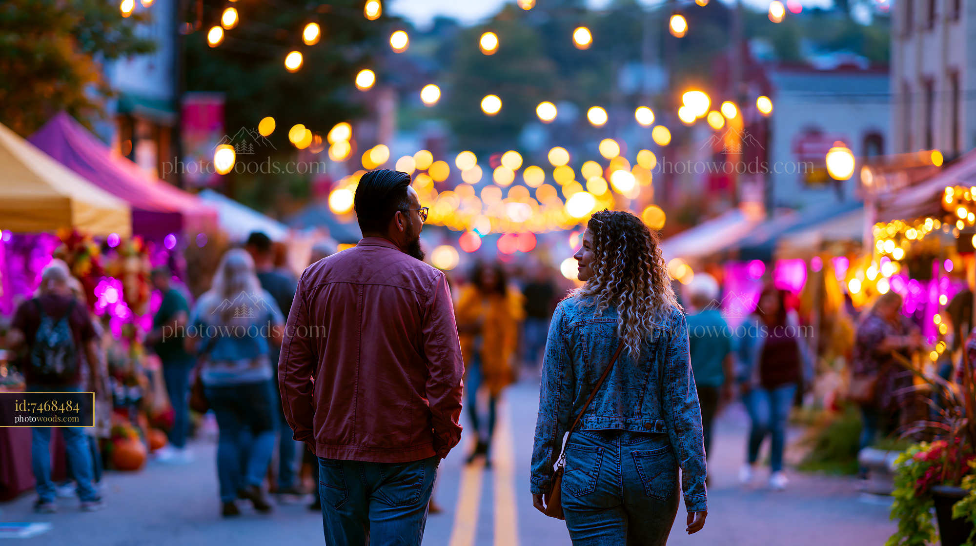 Neighbors Walking at Local Harvest Festival in Evening Light