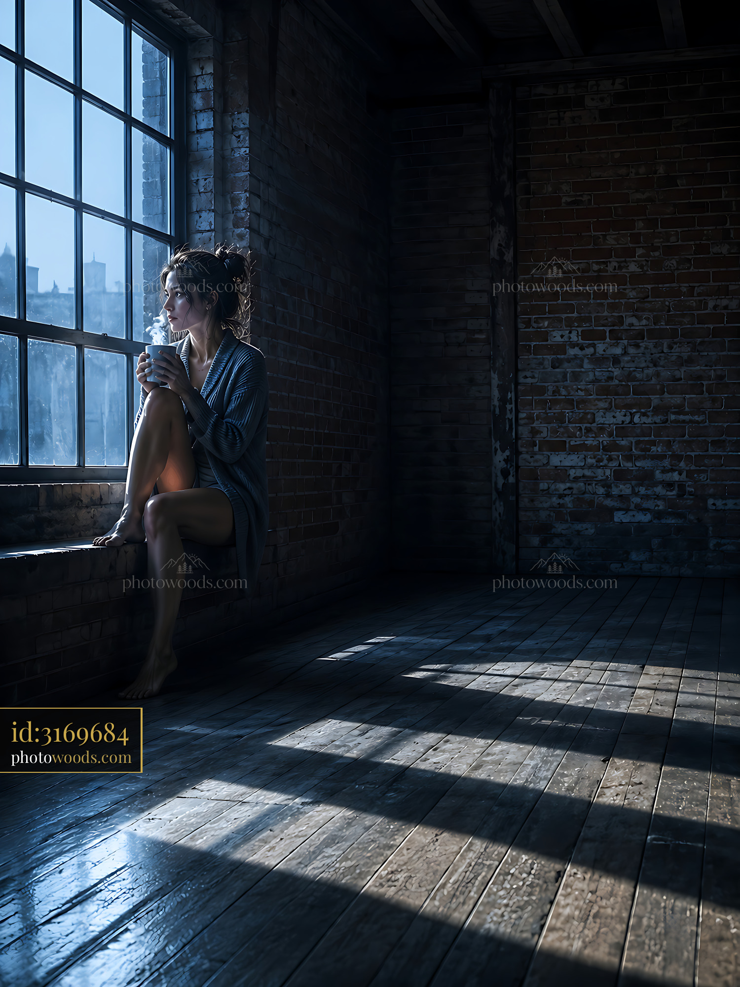 Woman Sitting by Window Holding Cup in Empty Room at Dawn