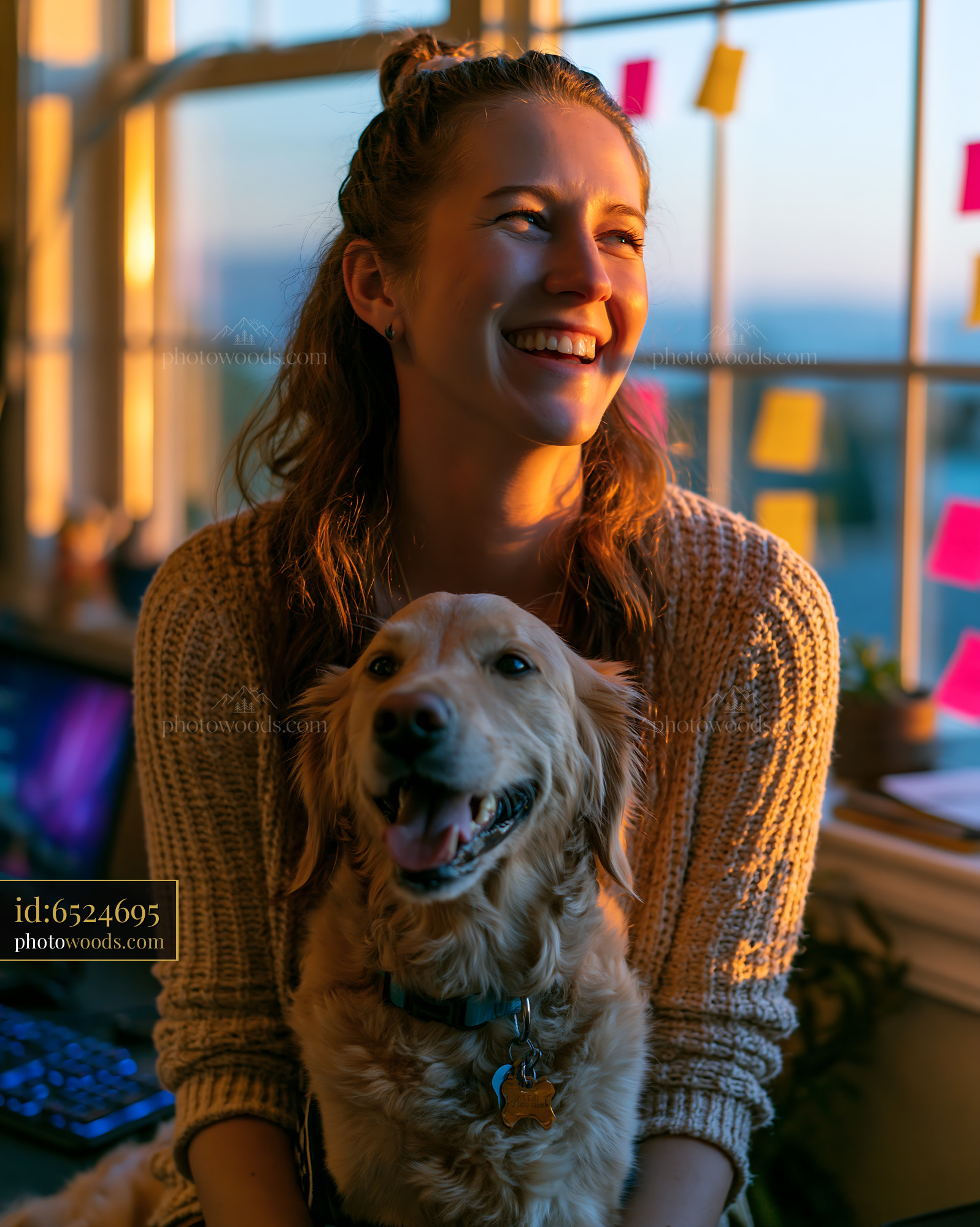Cheerful Woman With Golden Retriever Dog in Soft Evening Light