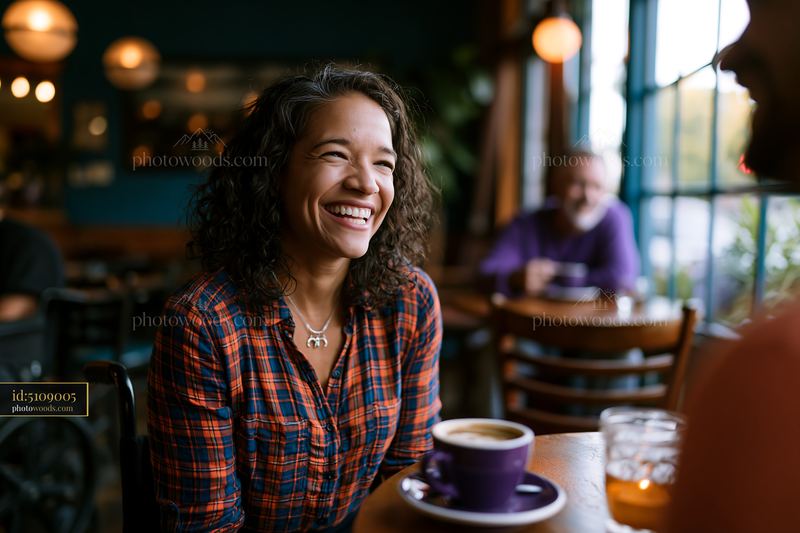 Smiling woman enjoying coffee in a warmly lit cafe