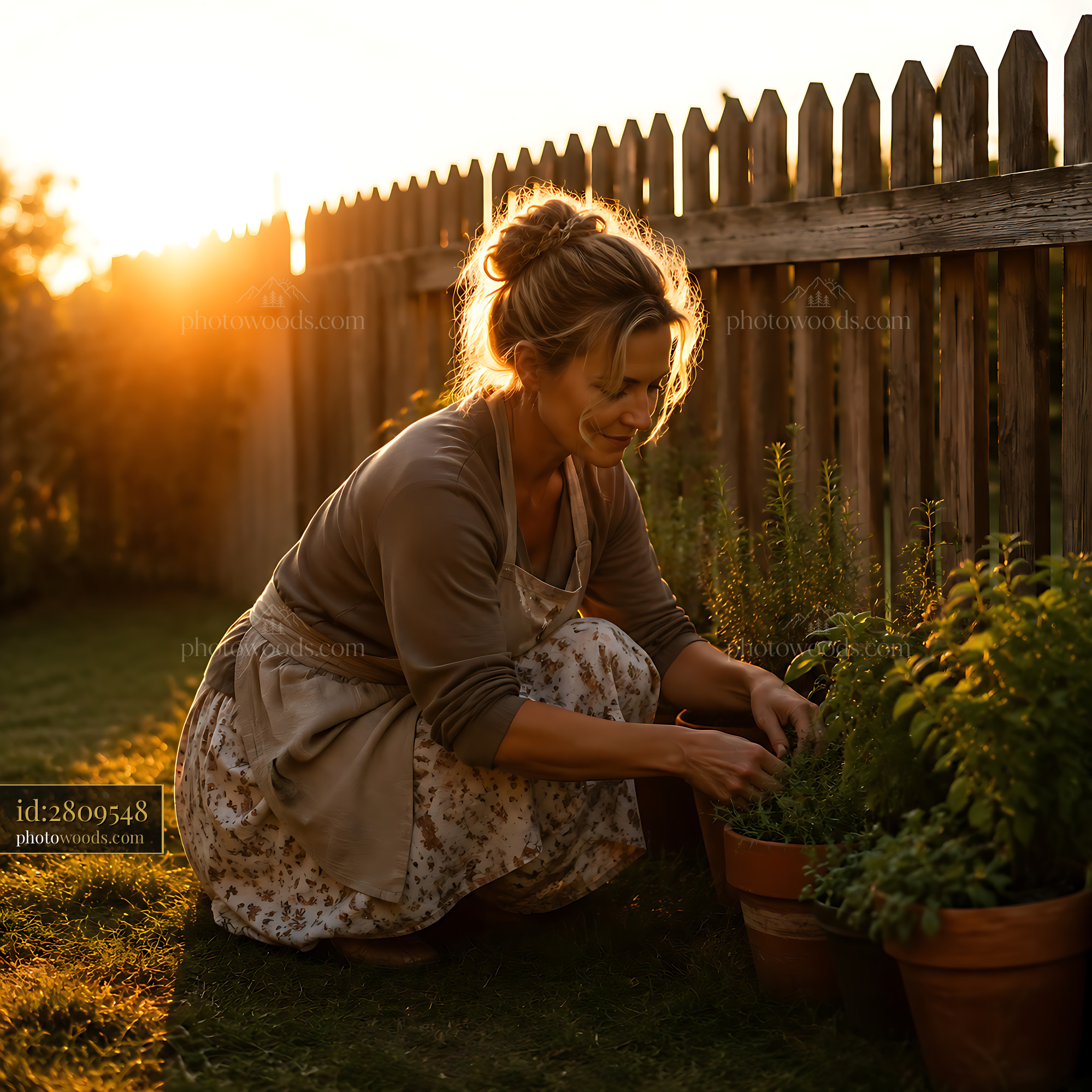 Woman Tending to Plants in Garden During Sunset Light