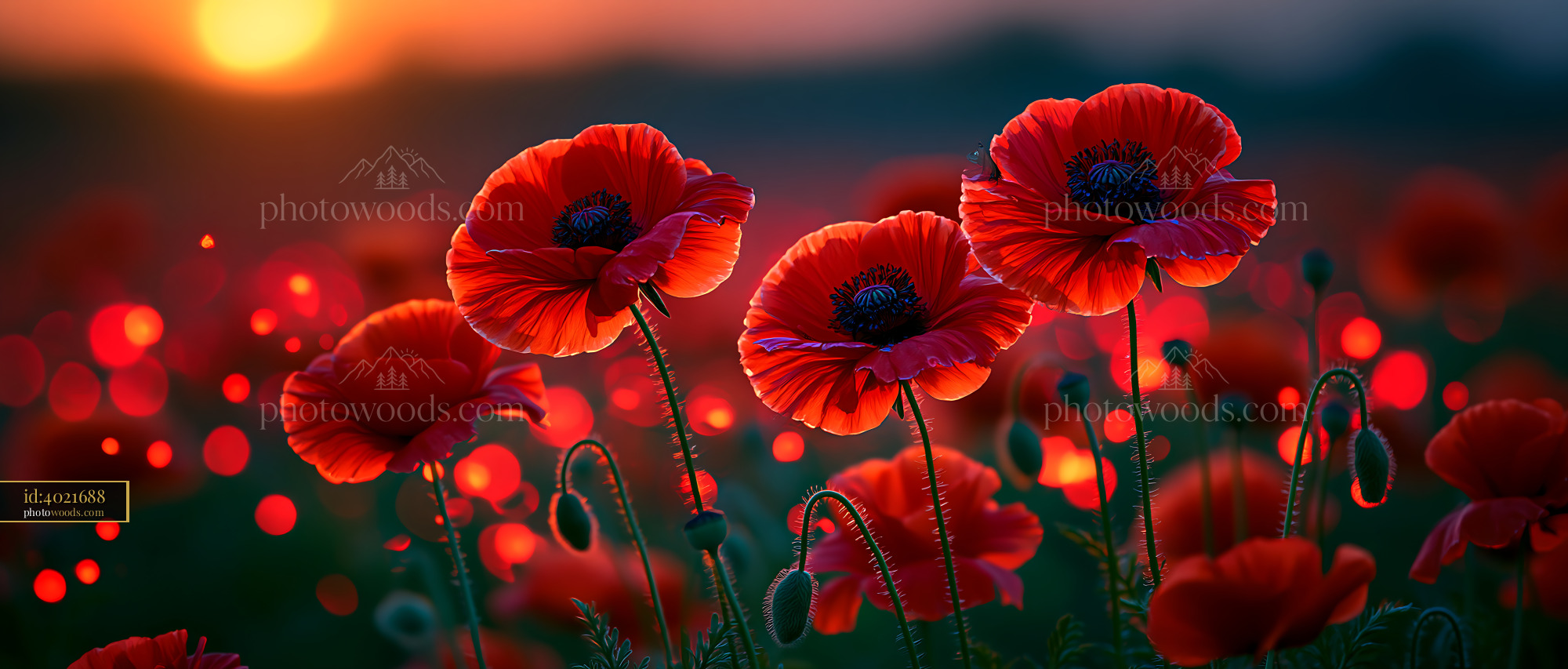 Poppies Bloom in a Field During Sunset Creating Bright Colors