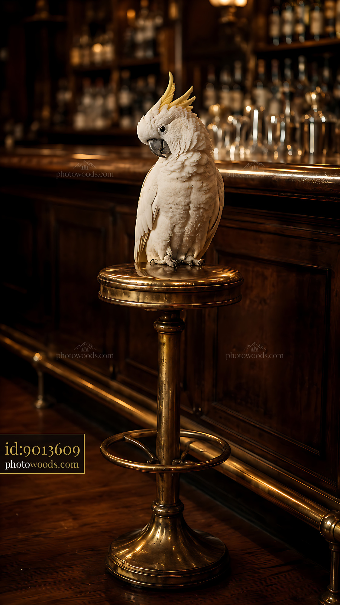 Cockatoo Sits on Bar Stool in Dimly Lit Tavern