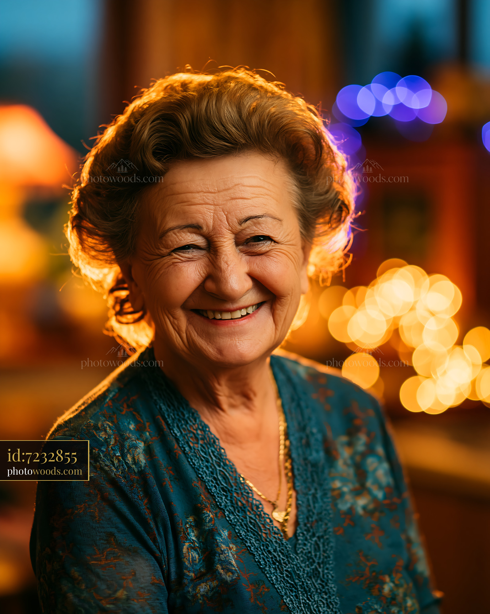 Older Woman Smiling Warmly With Lights in Background