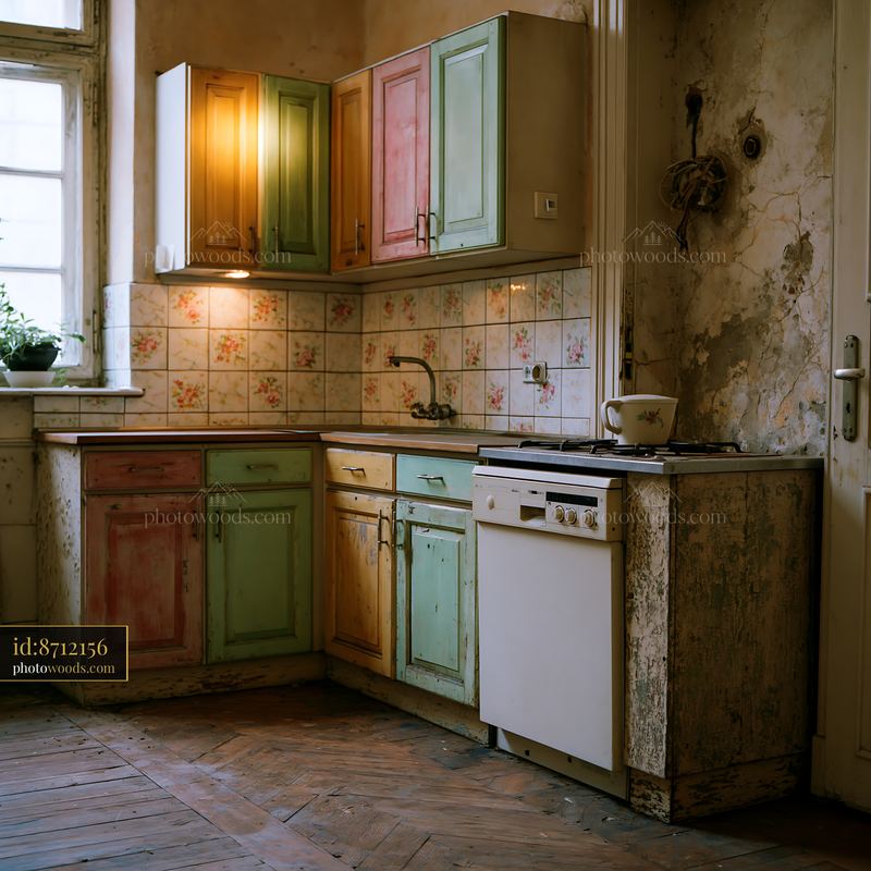 Shabby Kitchen With Mismatched Cupboard Doors and Vintage Stove