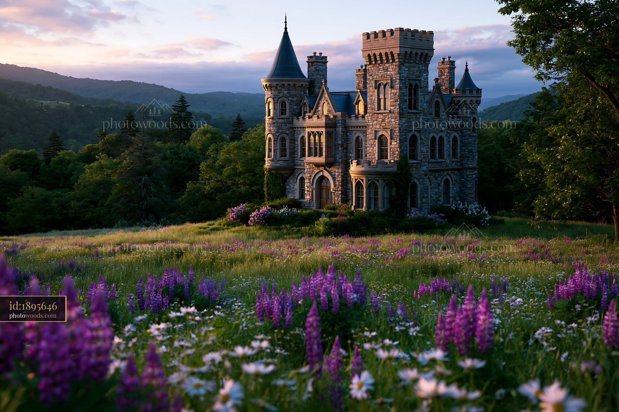 Castle in the Mountains Surrounded by Blooming Flowers at Sunset