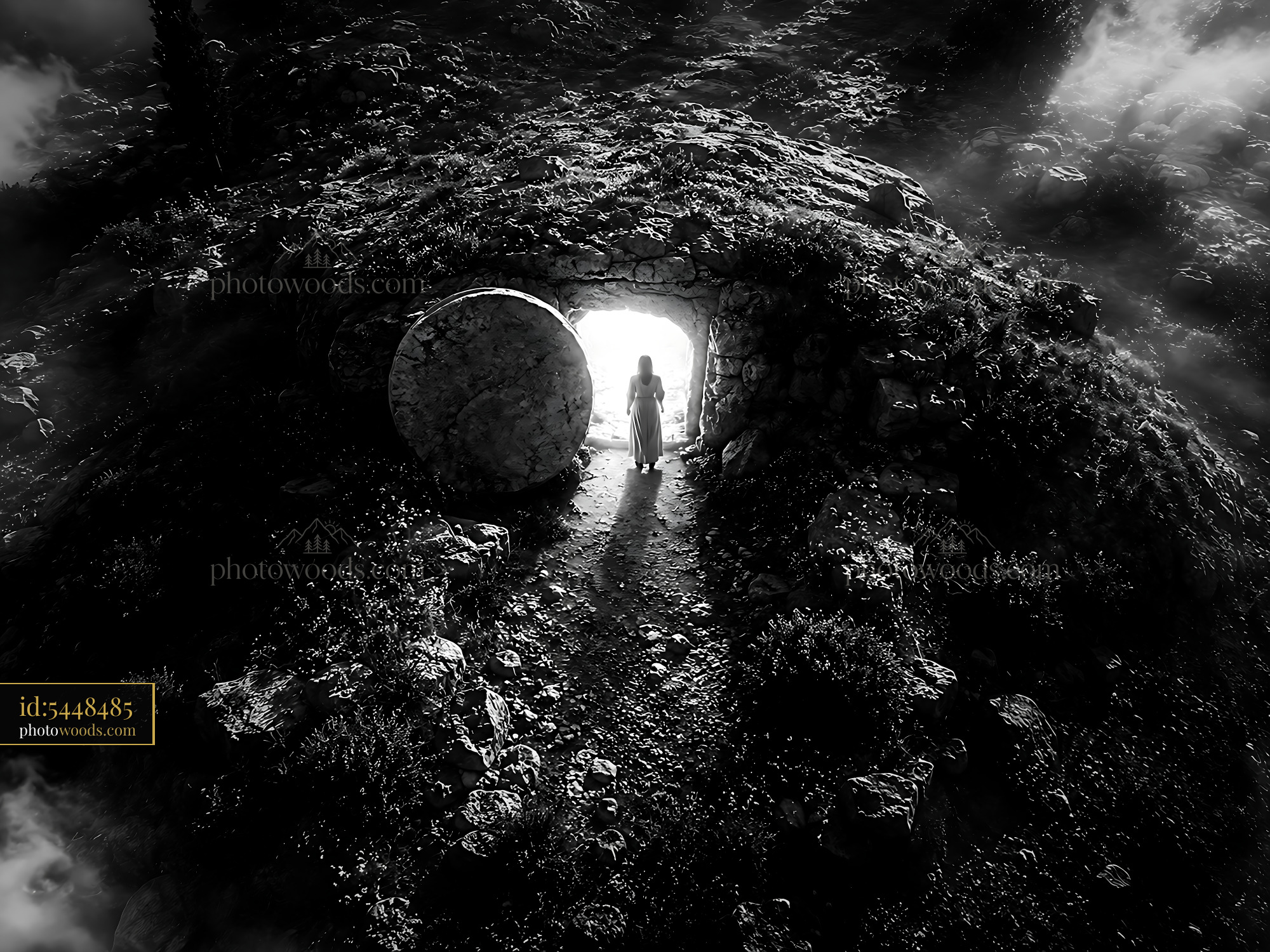 Woman Standing at Cave Entrance With Large Stone in Sunlight