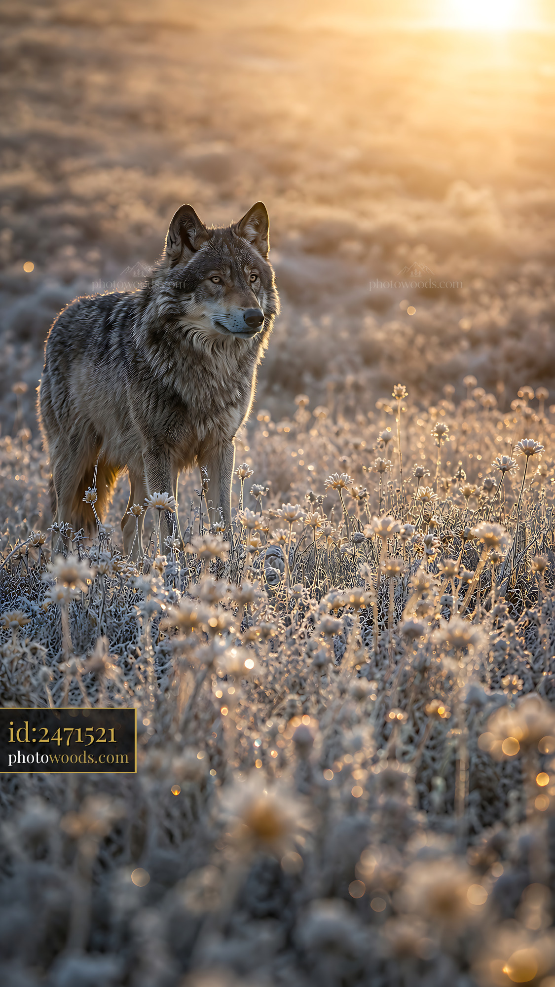Wolf Stands in a Meadow With Flowers at Sunset Light