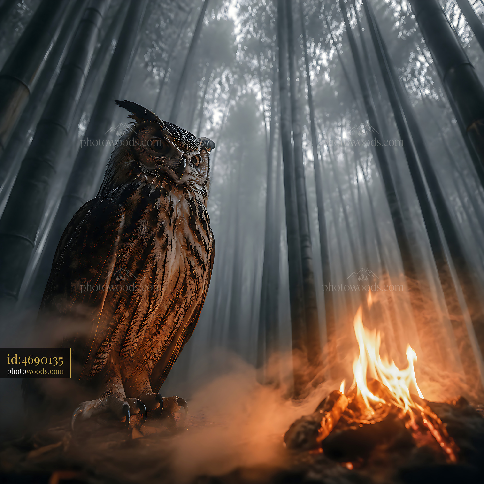 Owl Stands Near Fire in a Bamboo Forest During Twilight