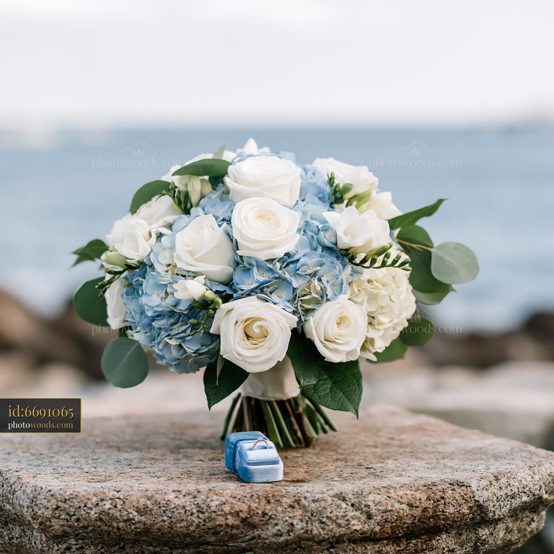 Wedding bouquet and ring box on stone altar