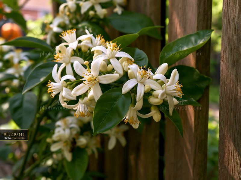 Orange tree flowers on a wooden fence in spring