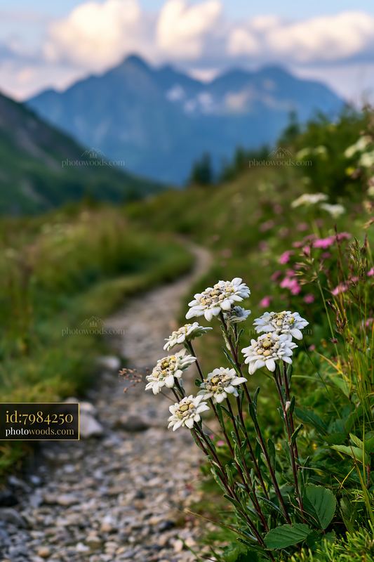 Dramatic clouds around alpine peaks with flowers in foreground