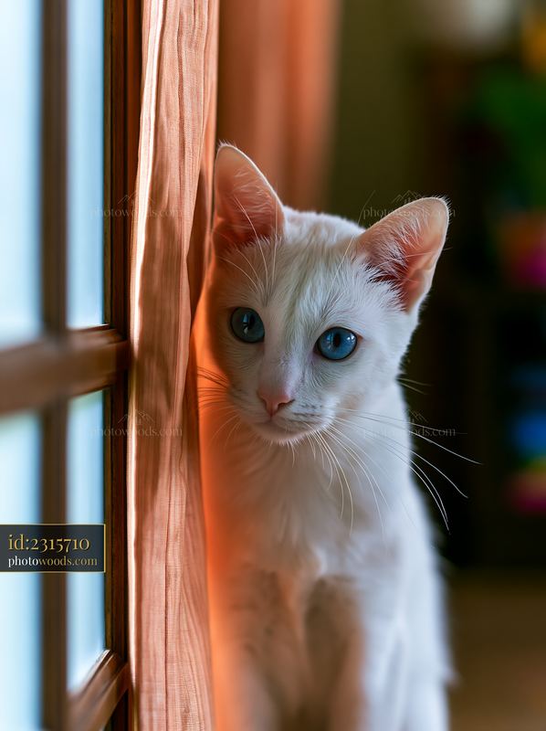 White Khao Manee cat looking through a window