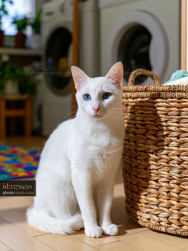 White Khao Manee cat sitting beside woven baskets indoors