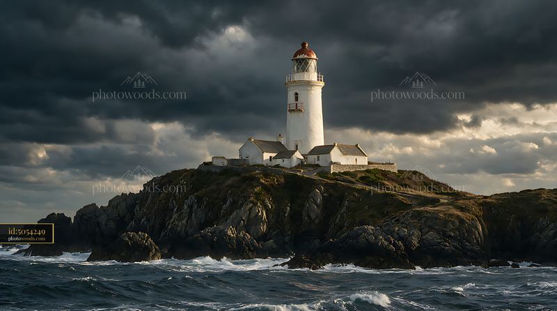 Lighthouse on a Rocky Coast Under Storm Clouds