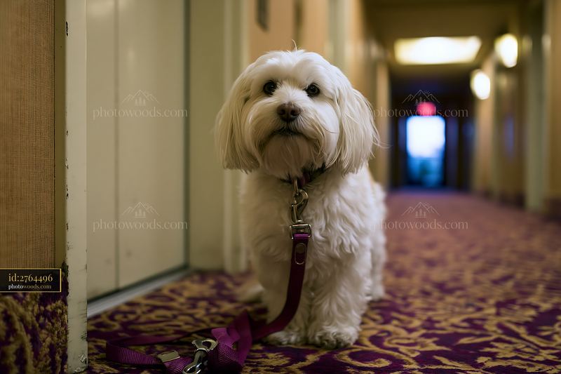 White dog on leash in a hotel hallway