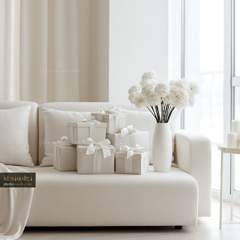 White birthday gifts arranged beside a sofa with flowers