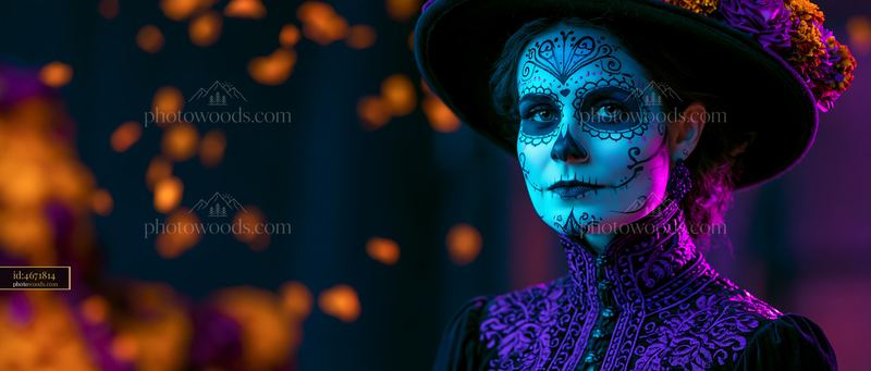Woman in Catrina Makeup With Floral Hat and Colorful Background