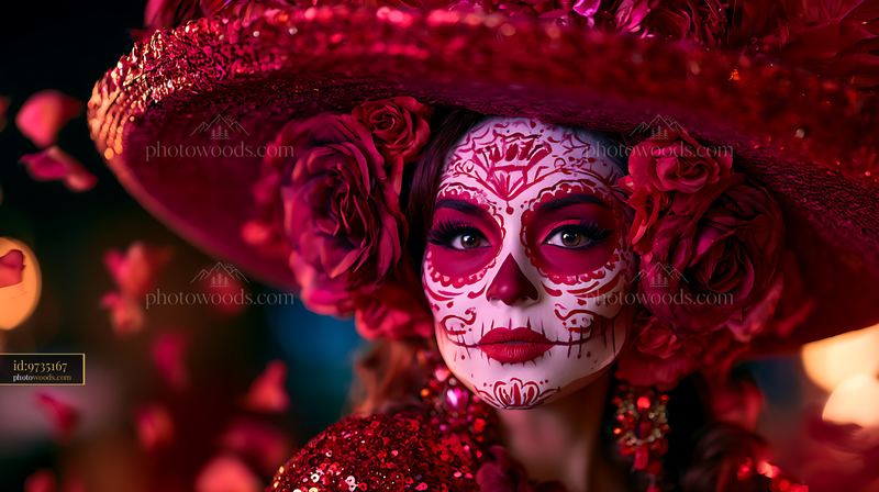 Woman With Sugar Skull Makeup in Red Hat Adorned With Roses