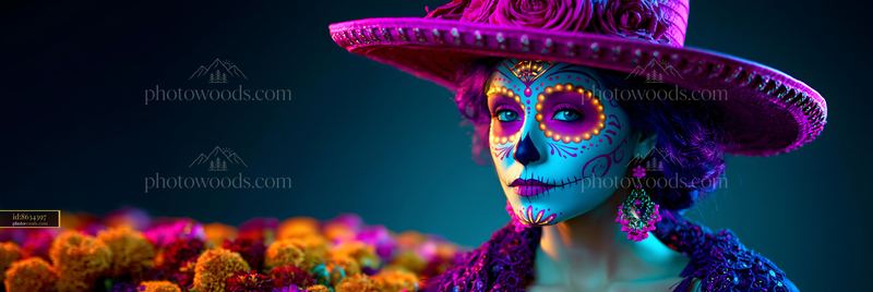 Woman With Sugar Skull Makeup Wearing a Large Hat, Vibrant Colors
