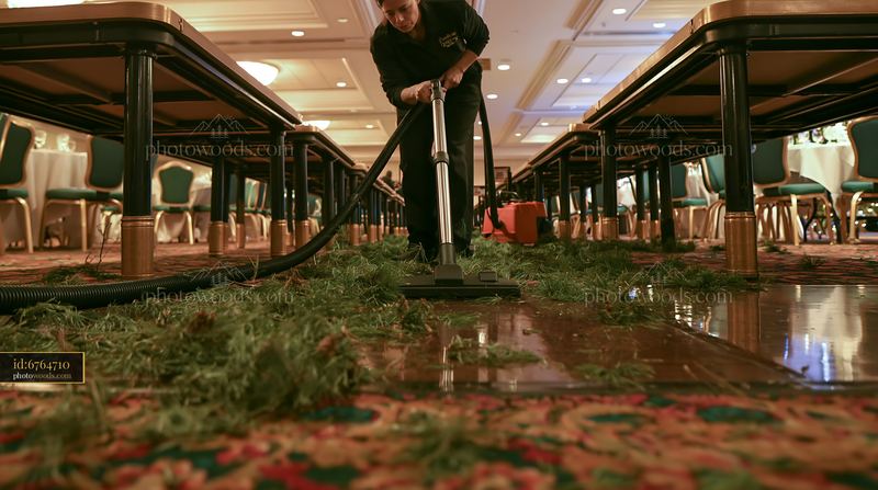 Worker vacuuming greenery from a banquet hall floor