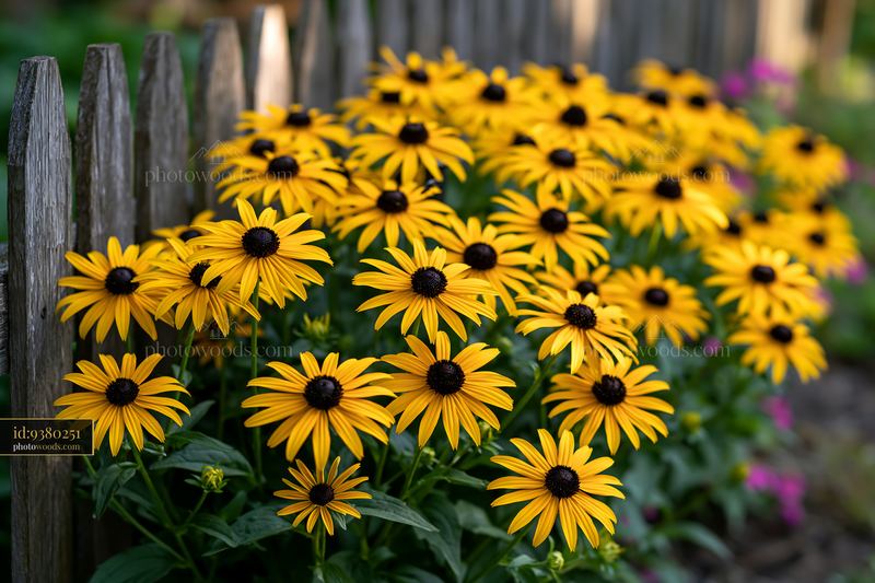 Rudbeckia flowers blooming beside a rustic wooden fence