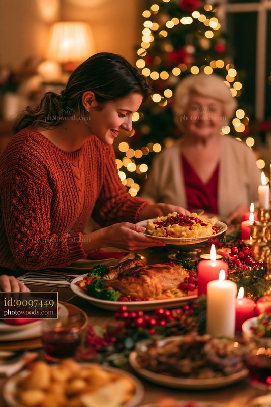 Young woman serving food at a multigenerational Christmas meal
